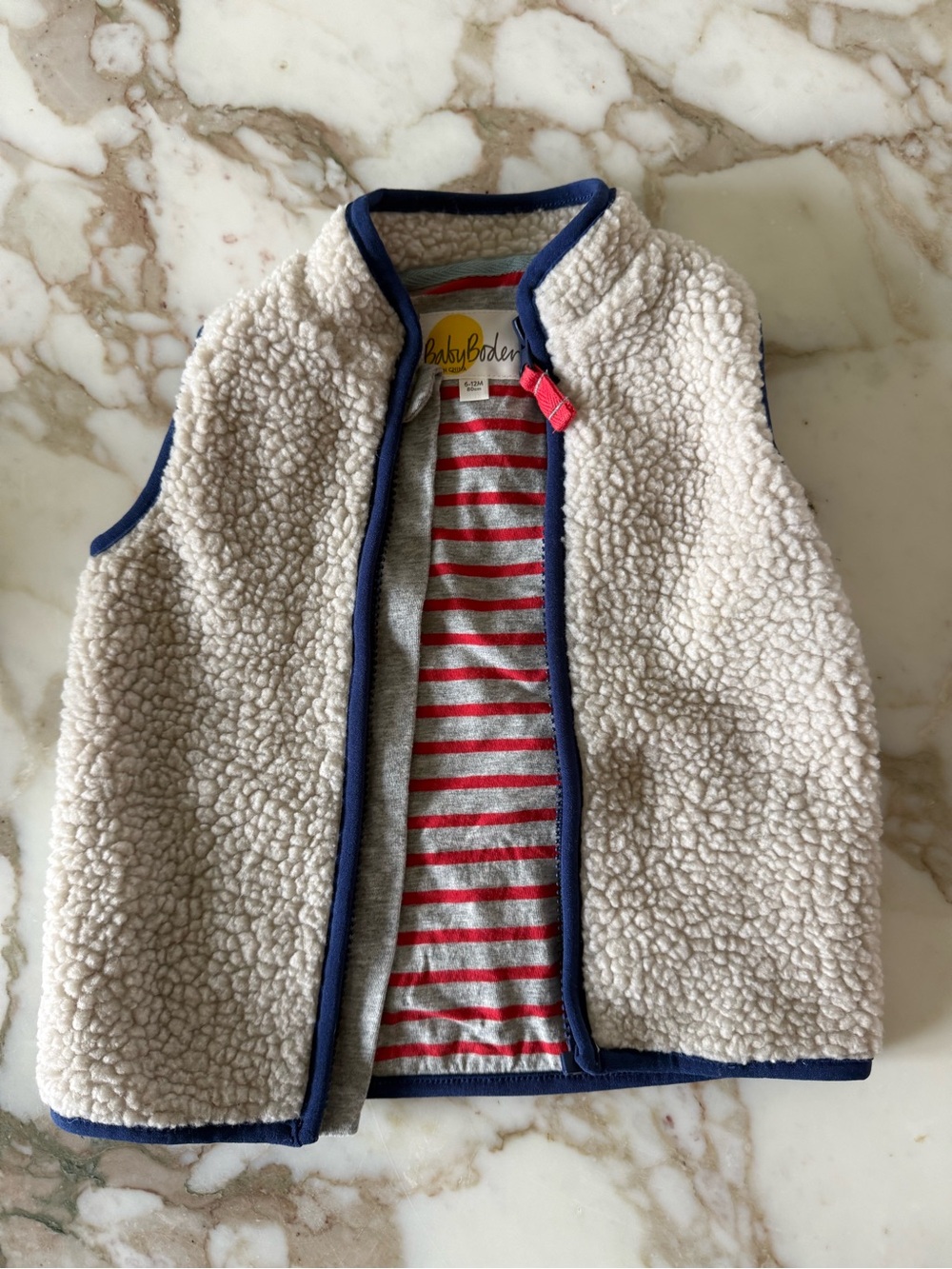Baby Boden Cream Sherpa Vest with Navy Trim and Red Stripe Lining 6-12M
